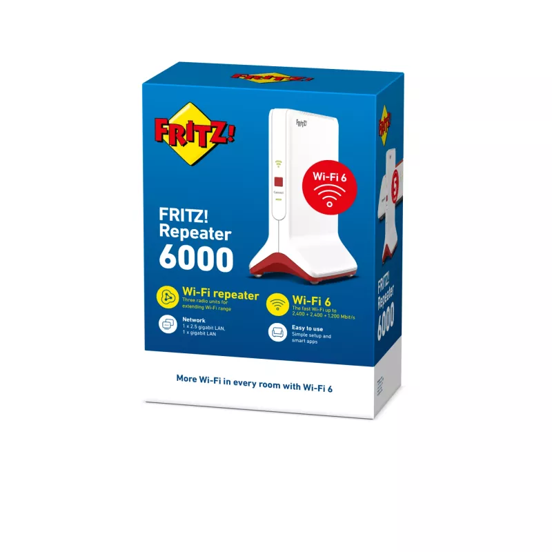 Bezprzewodowy wzmacniacz zasięgu AVM FRITZ!Repeater 6000 Edition International — trójzakresowy 6000 Mbps, 2x LAN, biały