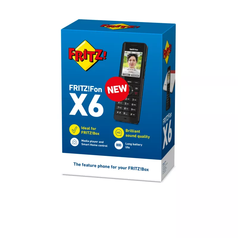 Bezprzewodowa słuchawka DECT AVM FRITZ! X6 czarna — głośnik, automatyczna sekretarka, identyfikacja numeru, książka telefoniczna na 100 wpisów