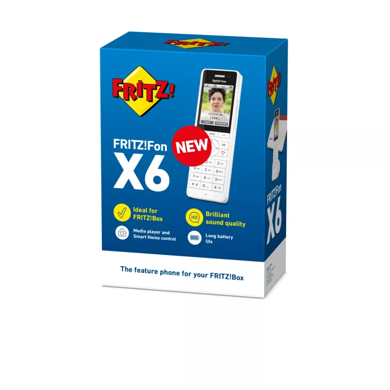 Słuchawka bezprzewodowa DECT FRITZ X6 biała International — głośnik, automatyczna sekretarka, książka telefoniczna na 100 wpisów
