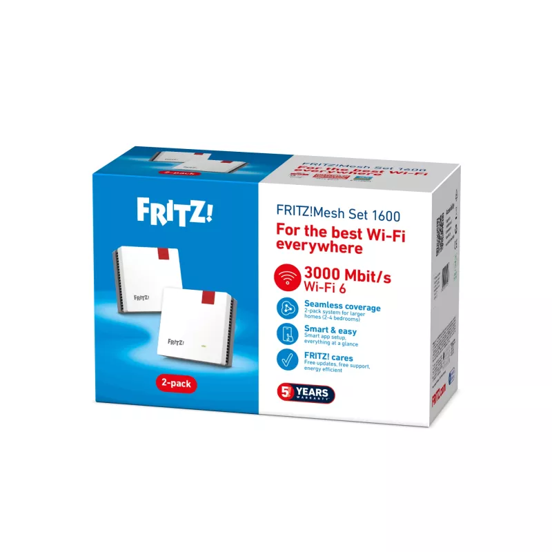 Mesh Set FRITZMESH SET 1600 2-PACK EDITION INTERNATIONAL Dwupasmowy (2,4 GHz / 5 GHz) Wi-Fi 6 (802.11ax) Czerwony, Biały Wewnętrzny