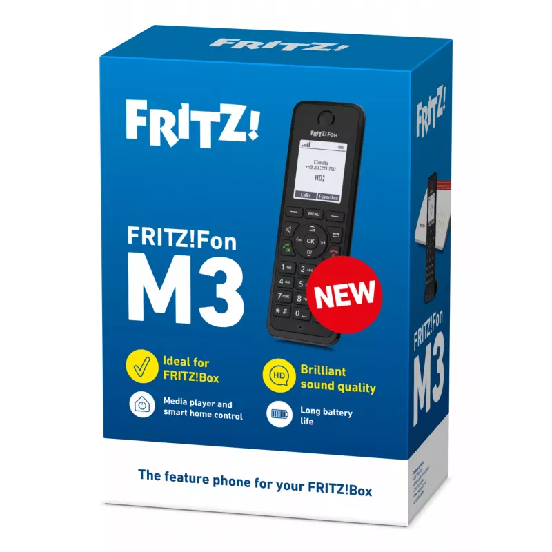 Telefon DECT AVM FRITZ! Fon M3 International — bezprzewodowa słuchawka, identyfikacja dzwoniącego, głośnik, 1 słuchawka, książka telefoniczna na 1000 wpisów