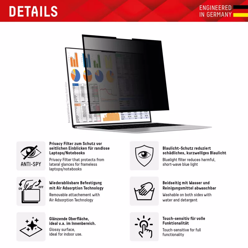 Displex PRIVACY SAFE zdejmowany 2-kierunkowy filtr prywatyzujący do laptopa/notebooka (bezramkowy) 16'' (16:10)