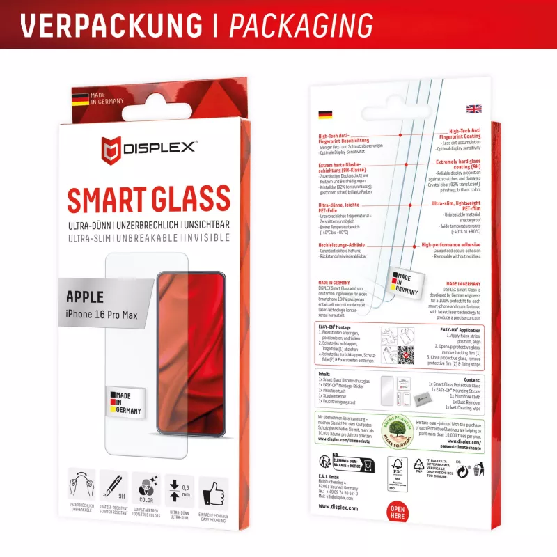 Displex Smart Glass (9H) do Apple iPhone 16 Pro Max, naklejka montażowa, niezniszczalne