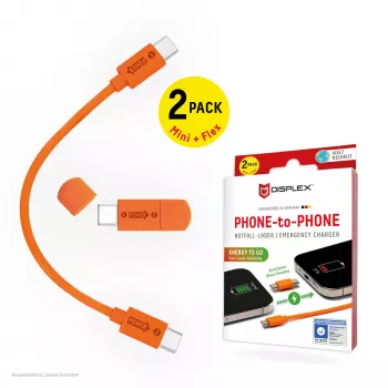 Displex Ładowarka awaryjna telefon-telefon, USB-C na USB-C, miniwtyczka + elastyczny kabel, kompaktowy zestaw 2 szt.