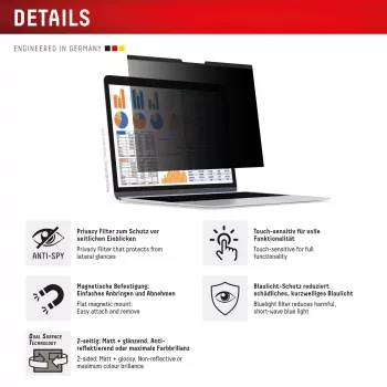 Filtr prywatności e.v.i. Displex PRIVACY SAFE magnetyczny dwukierunkowy do 16-calowego laptopa/notebooka (16:10), bezramkowy, błyszczący/matowy, 3H