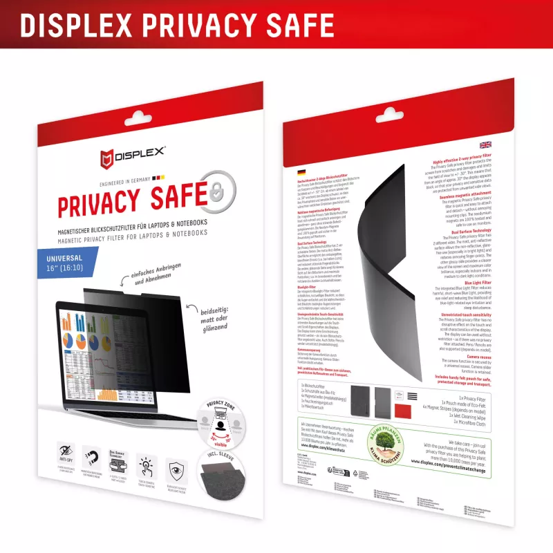 Filtr prywatności e.v.i. Displex PRIVACY SAFE magnetyczny dwukierunkowy do 16-calowego laptopa/notebooka (16:10), bezramkowy, błyszczący/matowy, 3H