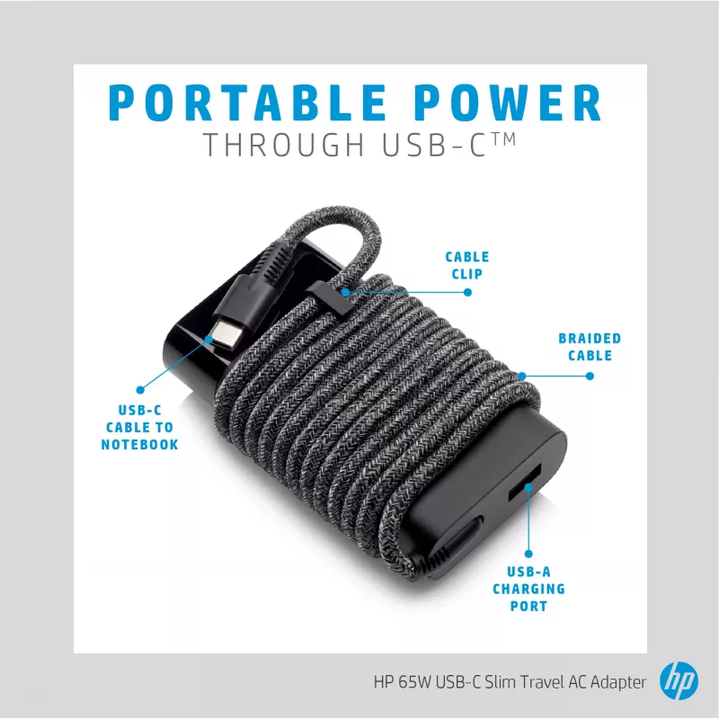 Kompaktowa ładowarka podróżna HP 65 W USB-C cienki, laptop, uniwersalna, 90 V, 47–63 Hz, 65 W, 20 V