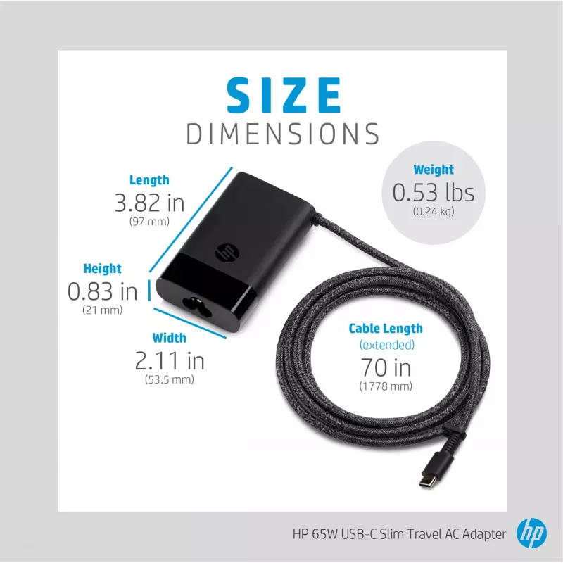 Kompaktowa ładowarka podróżna HP 65 W USB-C cienki, laptop, uniwersalna, 90 V, 47–63 Hz, 65 W, 20 V