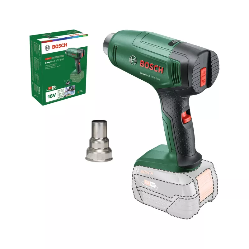 Opalarka Bosch EasyHeat 18V-500 — bezprzewodowa, 72 W, akumulator 4 Ah, 350–450 °C, uchwyt pistoletowy, zielona