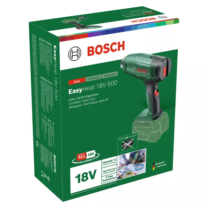 Opalarka Bosch EasyHeat 18V-500 — bezprzewodowa, 72 W, akumulator 4 Ah, 350–450 °C, uchwyt pistoletowy, zielona