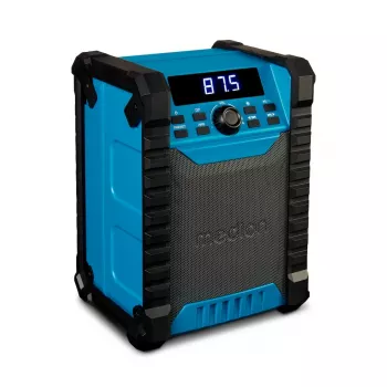 Przenośne radio cyfrowe MEDION LIFE E65895 (MD 43895) — tuner PLL, 10 W RMS, LCD, Bluetooth 10 m, IP54, antena zewnętrzna, czarny/niebieski