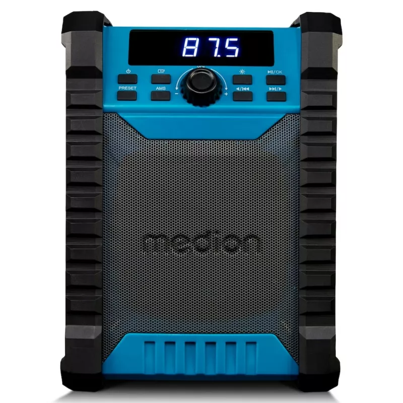 Przenośne radio cyfrowe MEDION LIFE E65895 (MD 43895) — tuner PLL, 10 W RMS, LCD, Bluetooth 10 m, IP54, antena zewnętrzna, czarny/niebieski