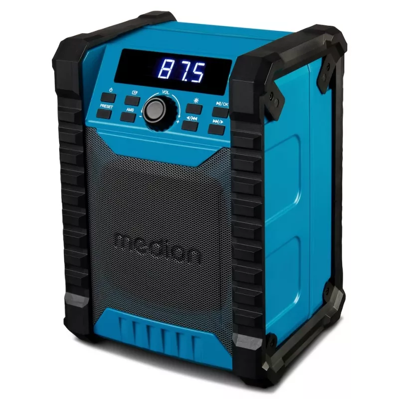 Przenośne radio cyfrowe MEDION LIFE E65895 (MD 43895) — tuner PLL, 10 W RMS, LCD, Bluetooth 10 m, IP54, antena zewnętrzna, czarny/niebieski
