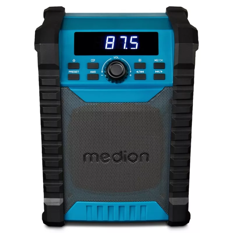 Przenośne radio cyfrowe MEDION LIFE E65895 (MD 43895) — tuner PLL, 10 W RMS, LCD, Bluetooth 10 m, IP54, antena zewnętrzna, czarny/niebieski