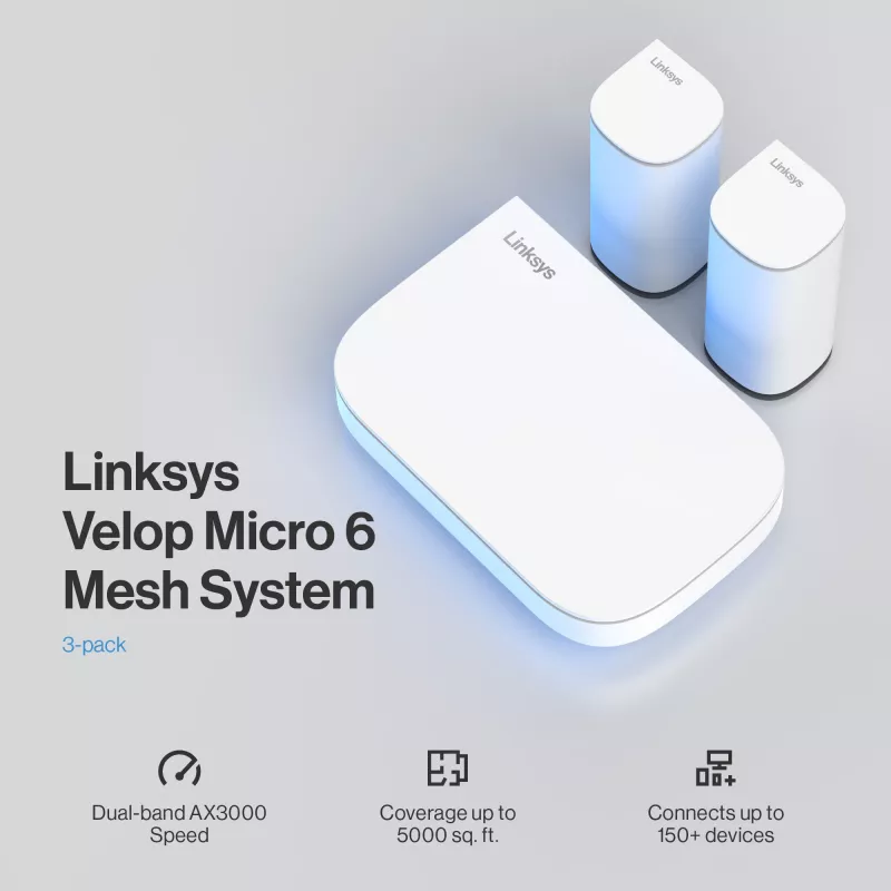 Linksys Velop Micro 6 Mesh System – Dwupasmowy system Wi-Fi 6 AX3000 (3 szt.)
