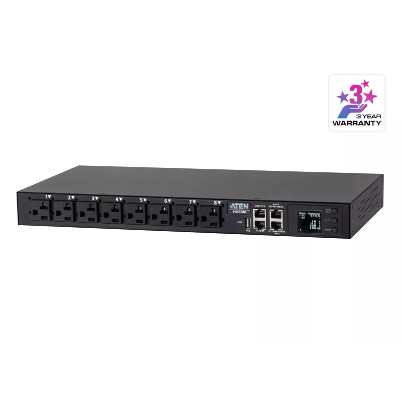 ATEN 32A 8-gniazdowy 1U eko PDU z pomiarem, pomiarowy, 1U, czarny, LCD, 8 gniazd AC, złącze C13, złącze C19