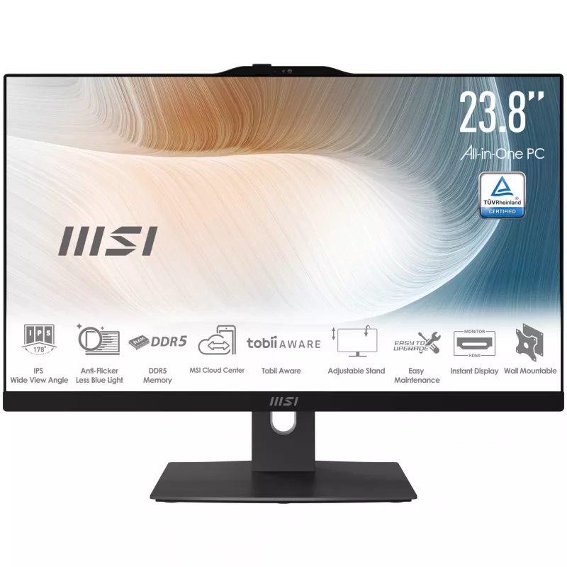MSI Modern AM242TP 1M-1230EU Intel Core 3 100U 60,5 cm (23,8 cala) 1920 x 1080 pikseli Ekran dotykowy Komputer All-in-One 8 GB DDR5-SDRAM 256 GB SSD Windows 11 Pro Wi-Fi 6E (802.11ax) Czarny