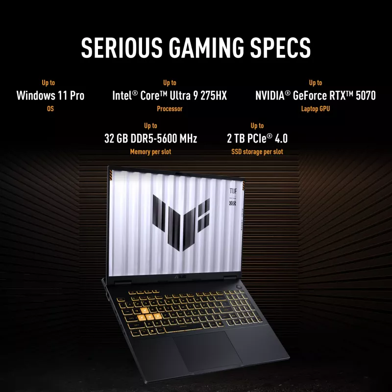 ASUS TUF Gaming F16 FX608JPR-QT014W Intel® Core™ i7 i7-14650HX Laptop 40,6 cm (16 cali) WQXGA 32 GB DDR5-SDRAM 1 TB SSD NVIDIA GeForce RTX 5070 Wi-Fi 6E (802.11ax) Windows 11 Home holenderski Czarny, Szary