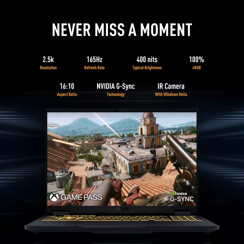 ASUS TUF Gaming F16 FX608JPR-QT014W Intel® Core™ i7 i7-14650HX Laptop 40,6 cm (16 cali) WQXGA 32 GB DDR5-SDRAM 1 TB SSD NVIDIA GeForce RTX 5070 Wi-Fi 6E (802.11ax) Windows 11 Home holenderski Czarny, Szary
