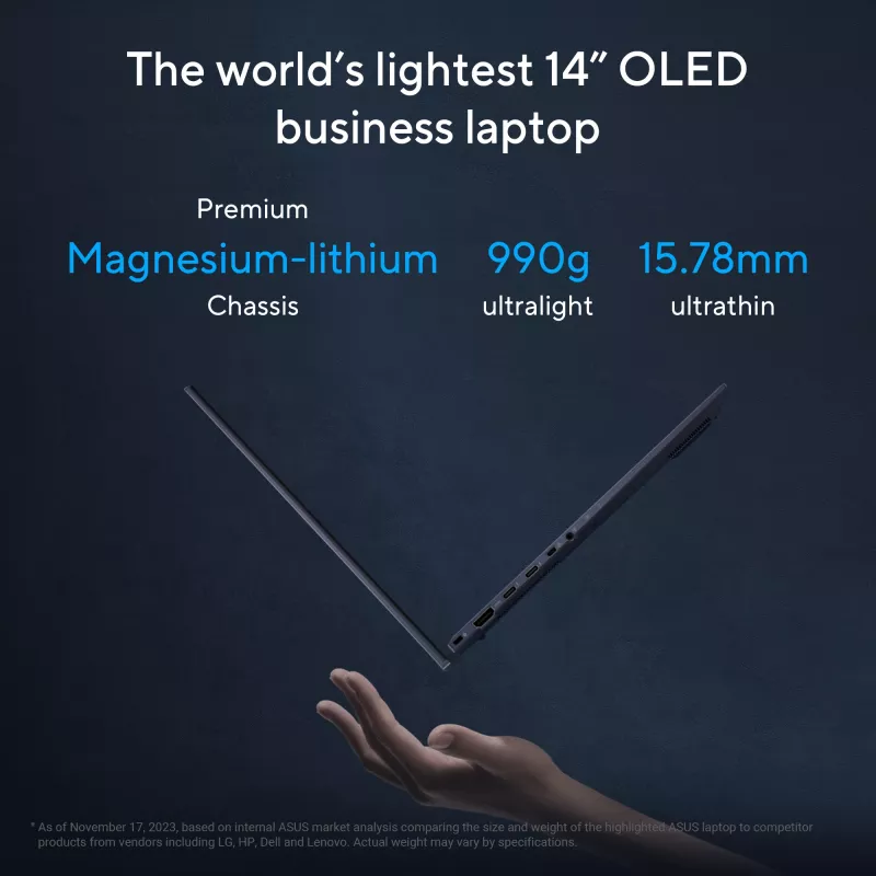 ASUS ExpertBook B9 OLED B9403CVAR-PP1678X Intel Core 7 150U Laptop 35.6 cm (14 cali) WQXGA+ 32 GB LPDDR5x-SDRAM 1 TB SSD Wi-Fi 6E (802.11ax) Windows 11 Pro Niemiecki Czarny