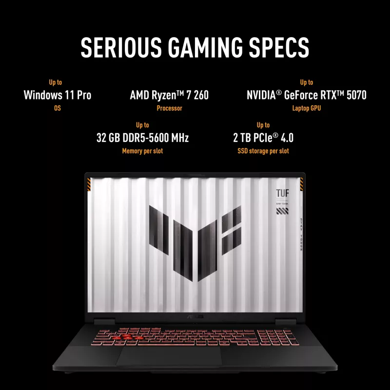 ASUS TUF Gaming A18 FA808UM-S8069W AMD Ryzen™ 7 260 Laptop 45.7 cm (18 cali) WUXGA 16 GB DDR5-SDRAM 512 GB SSD NVIDIA GeForce RTX 5060 Wi-Fi 6E (802.11ax) Windows 11 Home Dutch szary