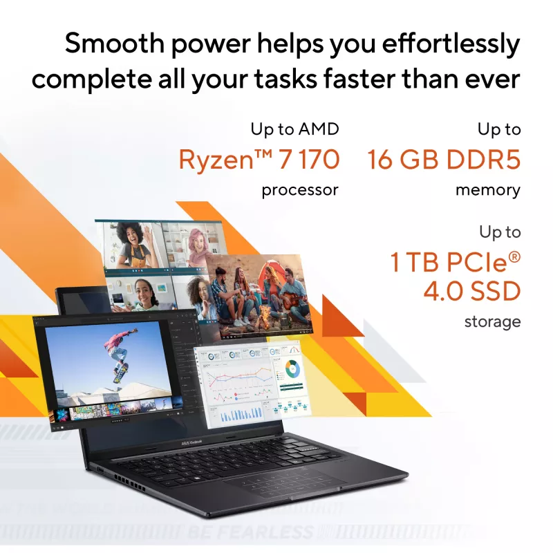 ASUS Vivobook 14 M1405NAQ-LY025W AMD Ryzen™ 7 170 Laptop 35.6 cm (14 cali) WUXGA 16 GB DDR5-SDRAM 512 GB SSD Wi-Fi 6 (802.11ax) Windows 11 Home holenderski Czarny