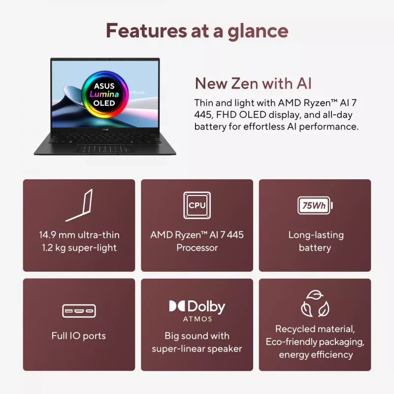 ASUS Zenbook 14 OLED UM3406GA-QD031W Copilot+ PC AMD Ryzen™ AI 7 445 Laptop 35.6 cm (14 cali) WUXGA 32 GB LPDDR5x-SDRAM 1 TB SSD Wi-Fi 6E (802.11ax) Windows 11 Home Holenderski Czarny