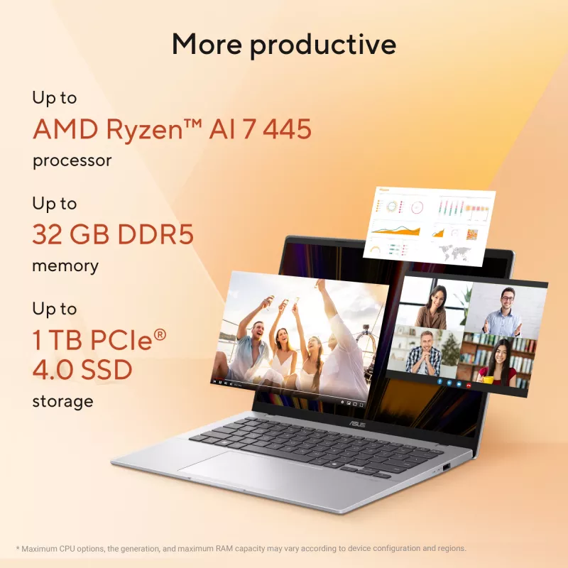 ASUS Vivobook 14 M1407GA-LY012W Copilot+ PC AMD Ryzen™ AI 7 445 Laptop 35.6 cm (14 cali) WUXGA 16 GB DDR5-SDRAM 512 GB SSD Wi-Fi 6 (802.11ax) Windows 11 Home Holenderski Srebrny