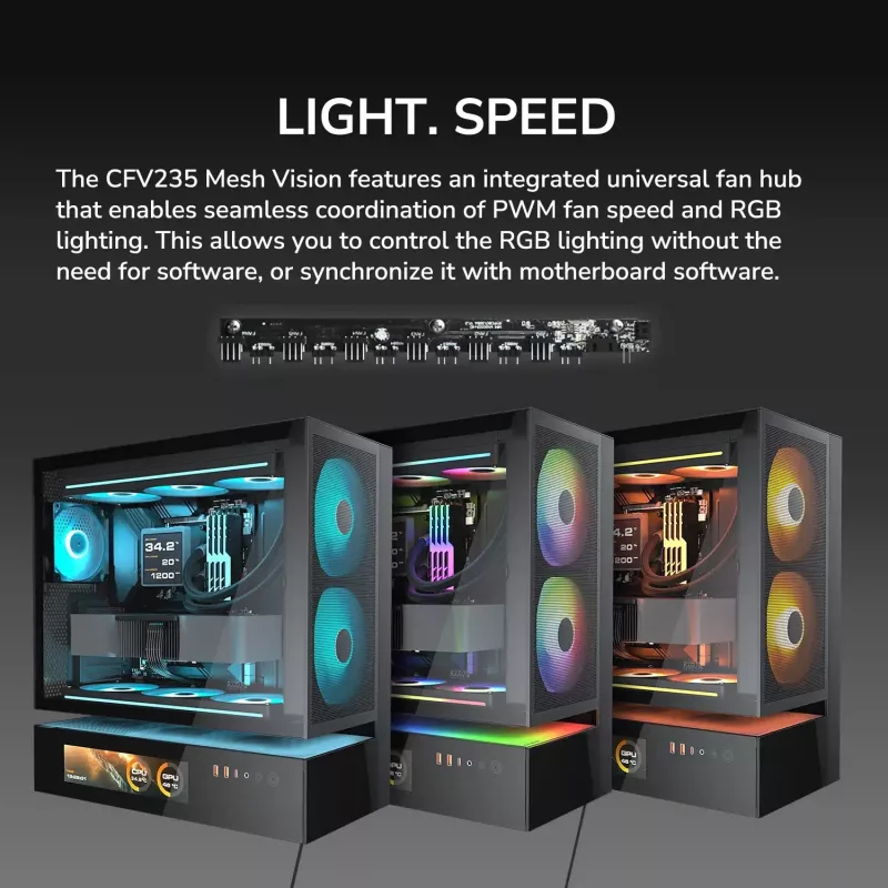 COUGAR PC Midi Tower Case CFV235 Vision — ARGB, 9,16 cala (23,3 cm) LCD 1920×462, Mesh, Przód 2×160 mm, Tył 1×120 mm, Czarny