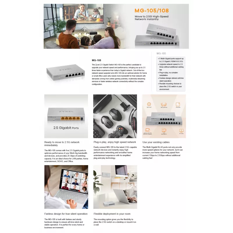 Zyxel MG-105 Niezarządzalny 2.5G Ethernet (100/1000/2500) Stal