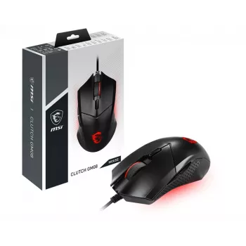 MSI CLUTCH GM08 Optyczna mysz gamingowa 'Czujnik optyczny 4200 DPI, 6 programowalnych przycisków, symetryczna konstrukcja, wytrzymałe przełączniki o żywotności ponad 10 milionów kliknięć, regulacja wagi, czerwone podświetlenie LED'
