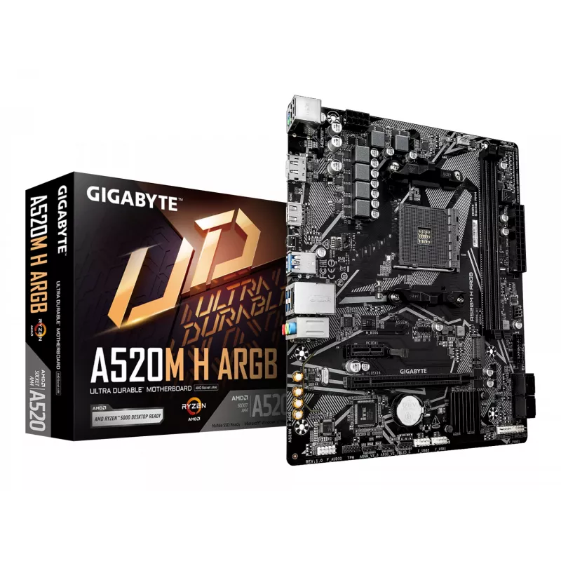 Płyta główna GIGABYTE A520M H ARGB - obsługa procesorów AMD Ryzen serii 5000, do 5100 MHz DDR4 (OC), PCIe 3.0 x4 M.2, 1 GbE LAN, USB 3.2 Gen 1