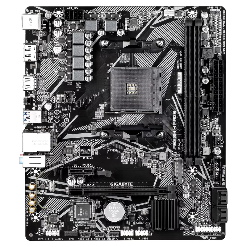 Płyta główna GIGABYTE A520M H ARGB - obsługa procesorów AMD Ryzen serii 5000, do 5100 MHz DDR4 (OC), PCIe 3.0 x4 M.2, 1 GbE LAN, USB 3.2 Gen 1