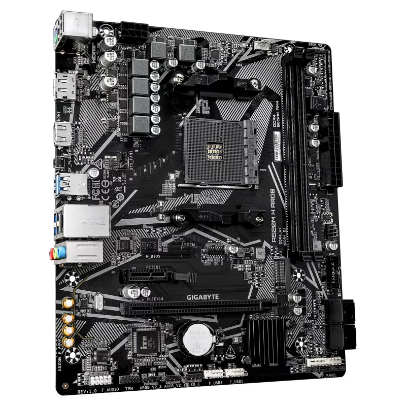 Płyta główna GIGABYTE A520M H ARGB - obsługa procesorów AMD Ryzen serii 5000, do 5100 MHz DDR4 (OC), PCIe 3.0 x4 M.2, 1 GbE LAN, USB 3.2 Gen 1