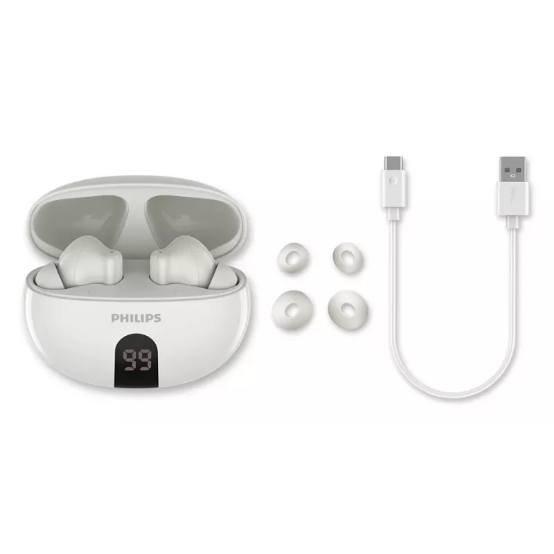Bezprzewodowy zestaw słuchawkowy douszny Philips TAT2520WT/00 — Bluetooth, do połączeń i muzyki, 20–20000 Hz, zasięg 10 m, biały, 40 g