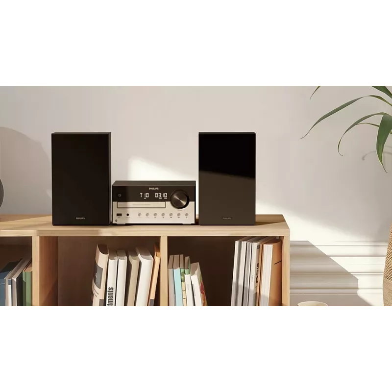 Mikrowieża Philips TAM4205M2/12 — 80 W RMS, głośniki 2-drożne, Bluetooth, FM, wyświetlacz LED, ładowanie tacowe płyt (Czarny/Srebrny)