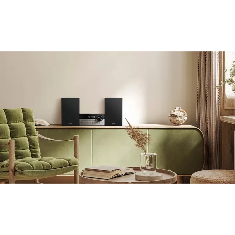 Mikrowieża Philips TAM4205M2/12 — 80 W RMS, głośniki 2-drożne, Bluetooth, FM, wyświetlacz LED, ładowanie tacowe płyt (Czarny/Srebrny)