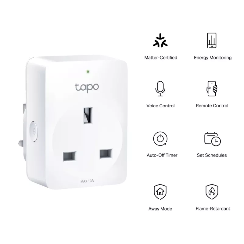 Smart plug TP‑Link Tapo Mini P110M — Wi‑Fi/Bluetooth wewnętrzne gniazdko inteligentne, 16 A, 100–240 V, 3680 W, biały