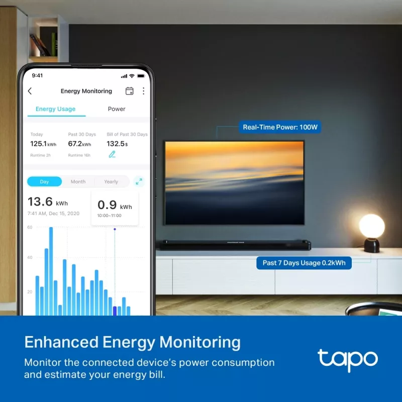 Smart plug TP‑Link Tapo Mini P110M — Wi‑Fi/Bluetooth wewnętrzne gniazdko inteligentne, 16 A, 100–240 V, 3680 W, biały