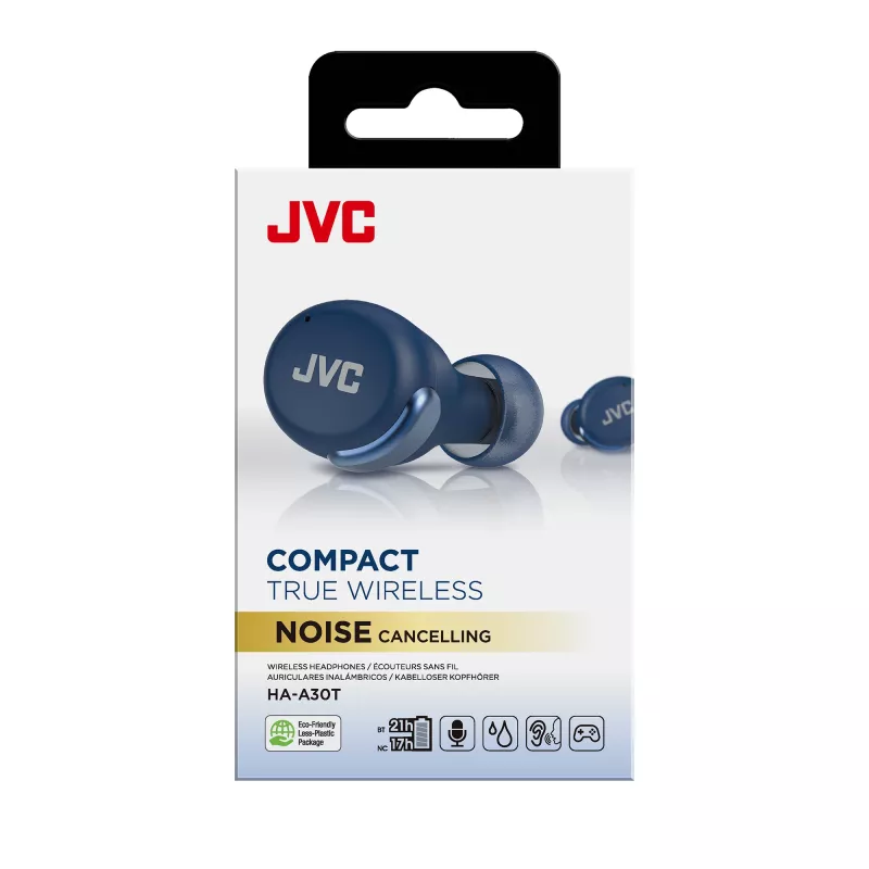 Słuchawki douszne JVC z aktywną redukcją szumów, niebieskie, True Wireless Stereo (TWS), 20–20000 Hz, połączenia/muzyka, 8,4 g, zestaw słuchawkowy, niebieski