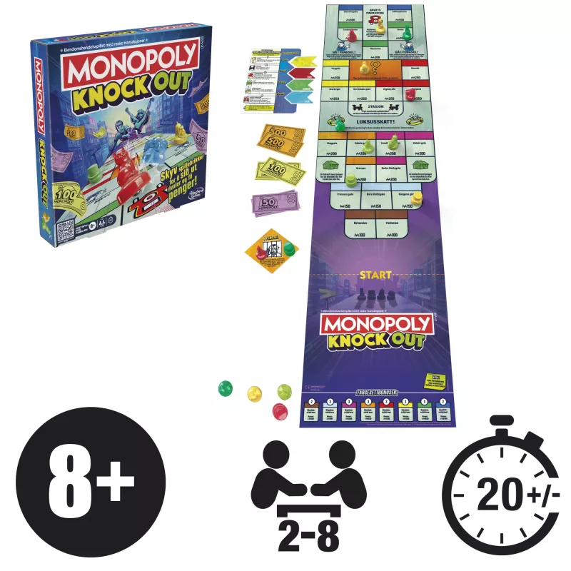 Monopoly Knockout – rodzinna gra towarzyska, szybkie gry planszowe dla wieku 8+, 2–8 graczy, 20 min.