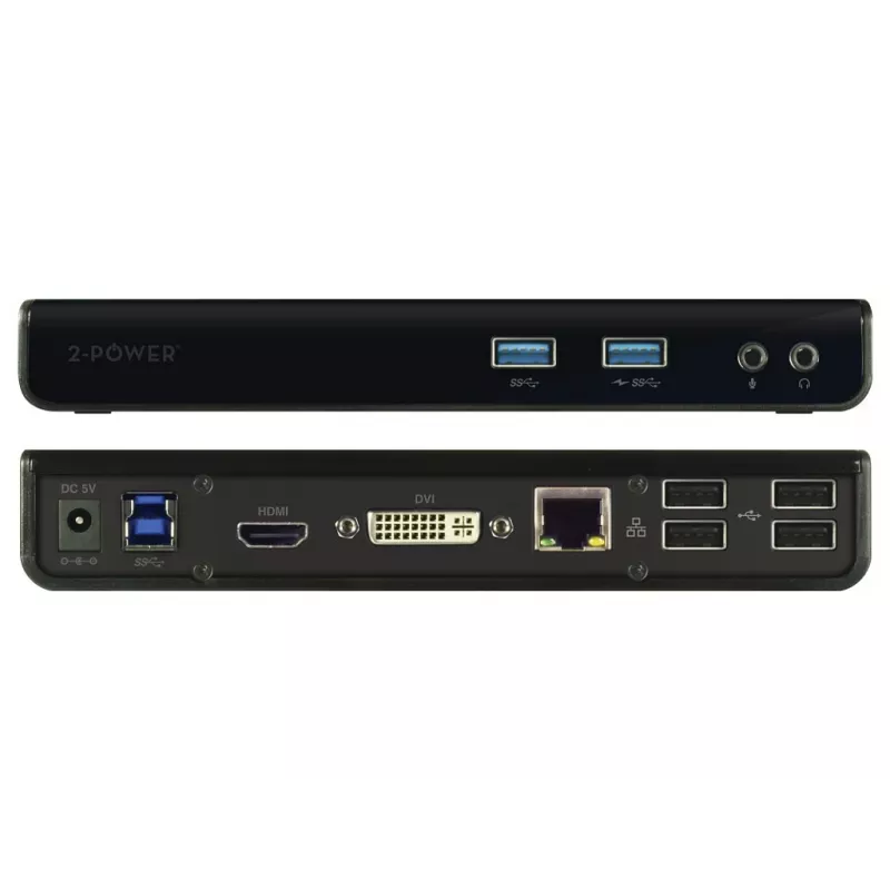 2-Power USB 3.0 Dual Display Docking Station, Docking, 3.5 mm, USB Type-A, USB Type-B, 10,100,1000 Mbit/s, Czarny, 5 Gbit/s
