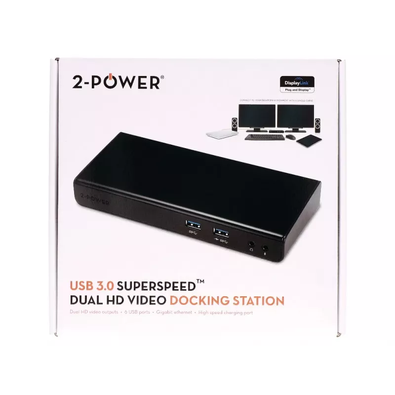 2-Power USB 3.0 Dual Display Docking Station, Docking, 3.5 mm, USB Type-A, USB Type-B, 10,100,1000 Mbit/s, Czarny, 5 Gbit/s