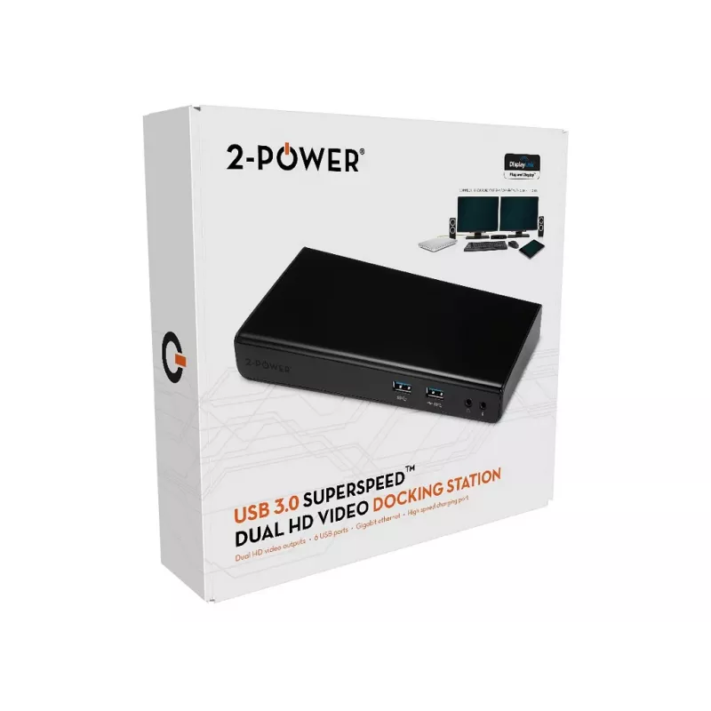 2-Power USB 3.0 Dual Display Docking Station, Docking, 3.5 mm, USB Type-A, USB Type-B, 10,100,1000 Mbit/s, Czarny, 5 Gbit/s