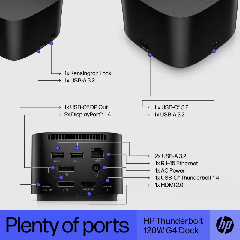 HP Thunderbolt Dock 120W G4, przewodowy, Thunderbolt 4, czarny, Kensington, Chiny, Tajlandia, Tajwan, biznesowy