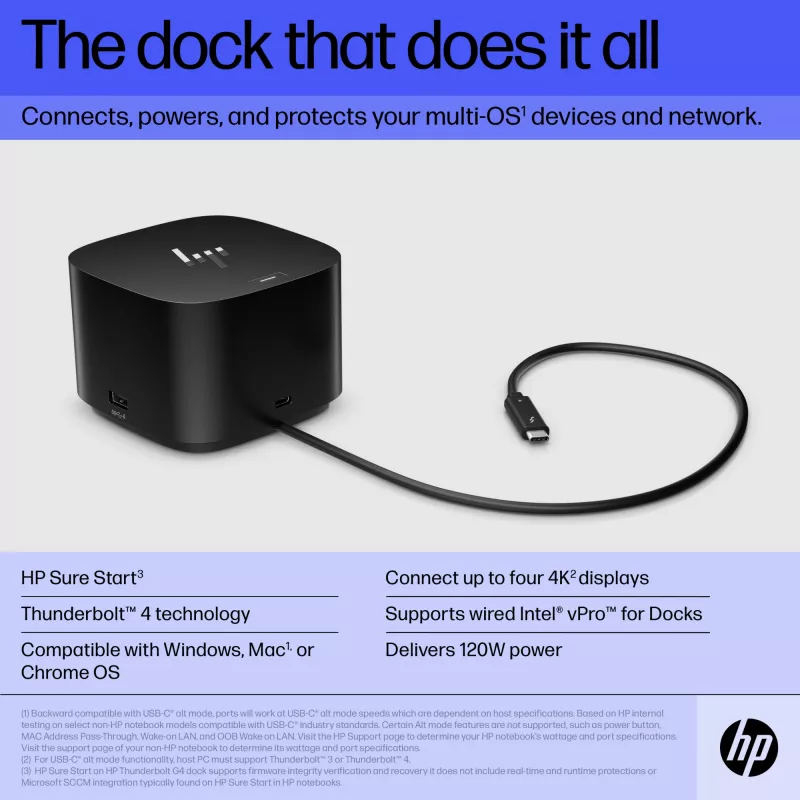 HP Thunderbolt Dock 120W G4, przewodowy, Thunderbolt 4, czarny, Kensington, Chiny, Tajlandia, Tajwan, biznesowy