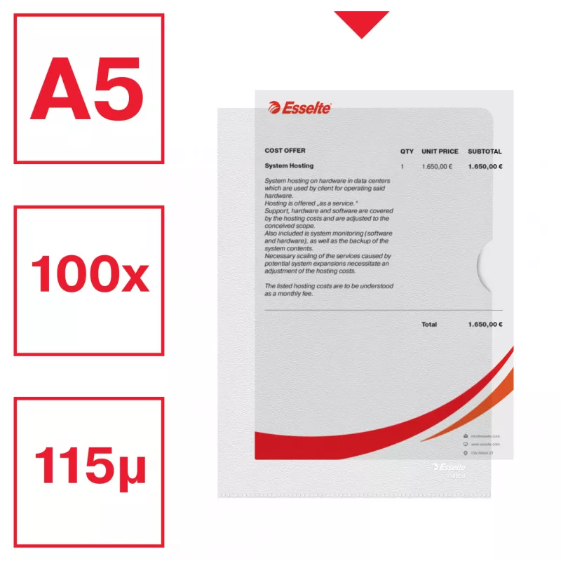 Esselte Premium A5 Folder, Projekt folder, A5, Polipropylen (PP), Transparentny, Pionowa, 40 arkuszy