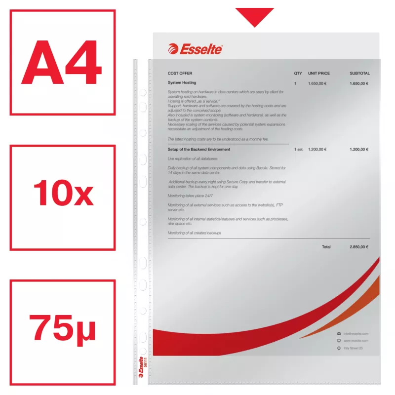 Esselte Pocket 75my A4, 210 x 297 mm (A4), Transparent, Polipropylen (PP), Pionowo, Góra, 0,075 mm
