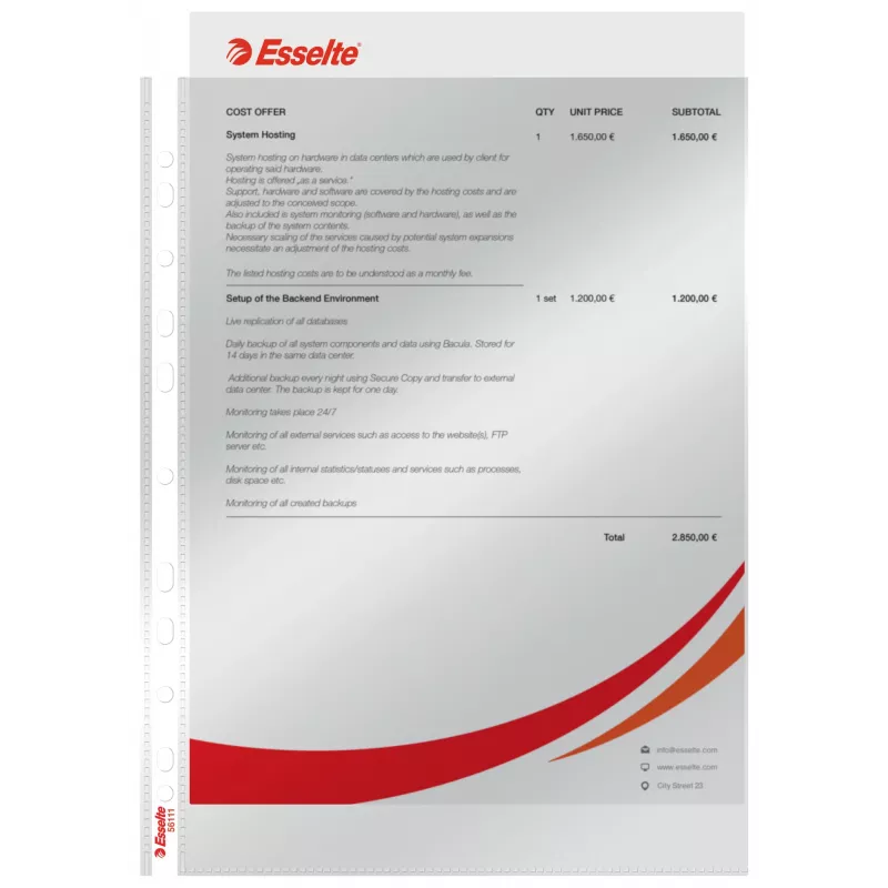 Esselte Pocket 75my A4, 210 x 297 mm (A4), Transparent, Polipropylen (PP), Pionowo, Góra, 0,075 mm