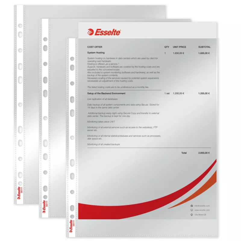 Esselte Pocket 75my A4, 210 x 297 mm (A4), Transparent, Polipropylen (PP), Pionowo, Góra, 0,075 mm